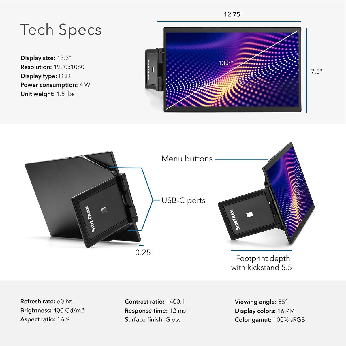 SideTrak Swivel Pro 13.3" Attachable Portable Monitor - Ultra Slim with Kickstand and Unique Patented Swivel Hinge